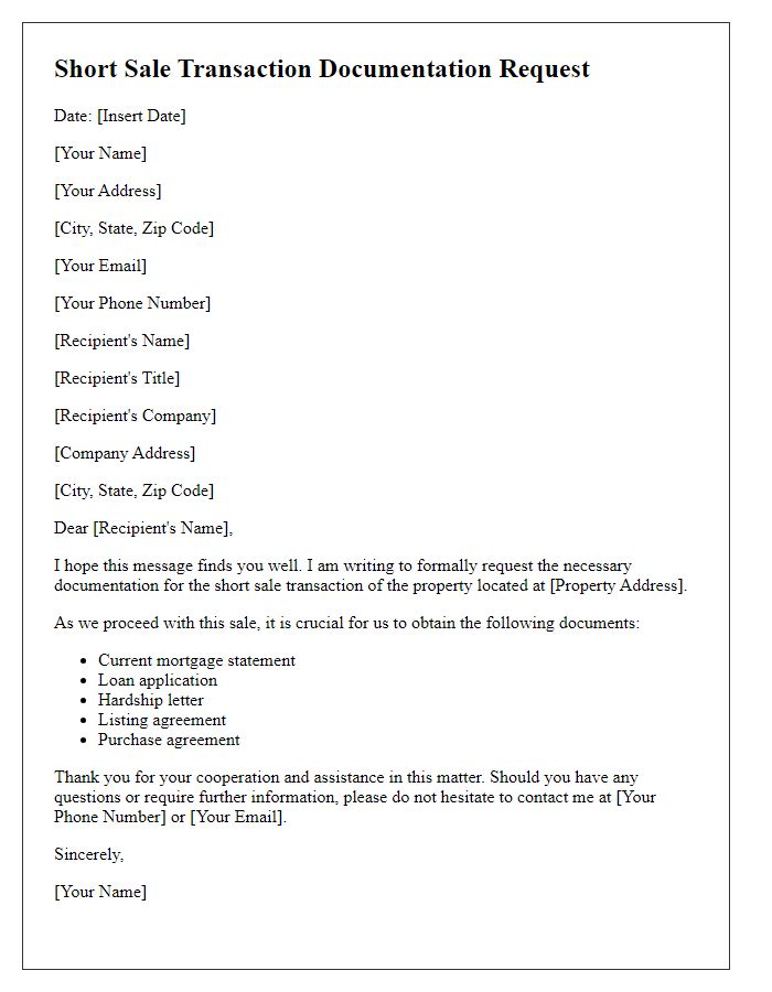 Letter template of short sale transaction documentation request