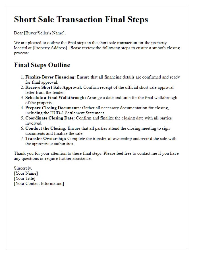 Letter template of short sale transaction final steps outline