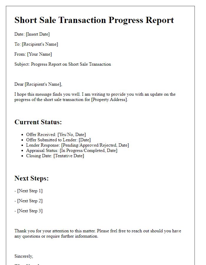 Letter template of short sale transaction progress report