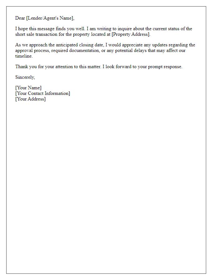 Letter template of short sale transaction status inquiry