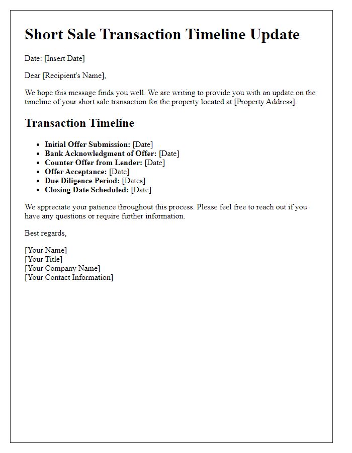 Letter template of short sale transaction timeline update