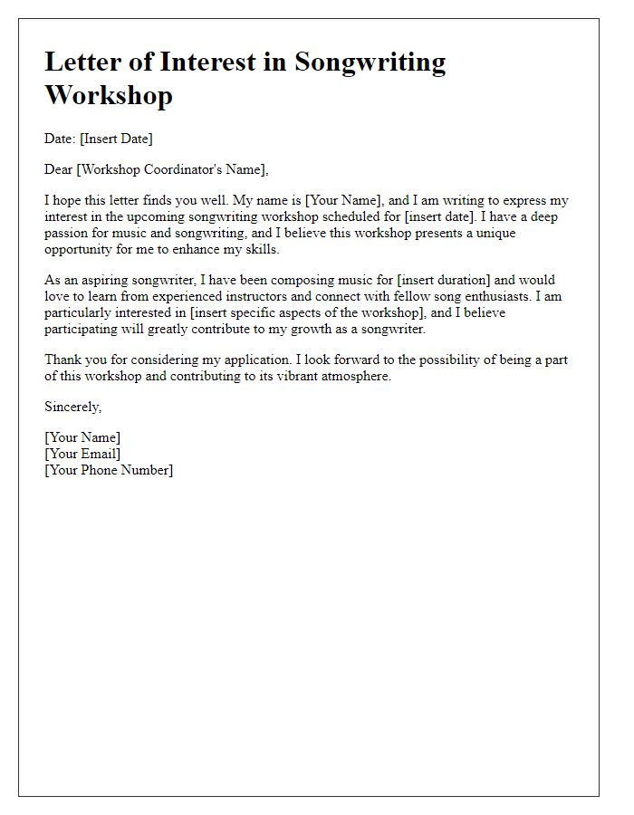 Letter template of interest in songwriting workshop