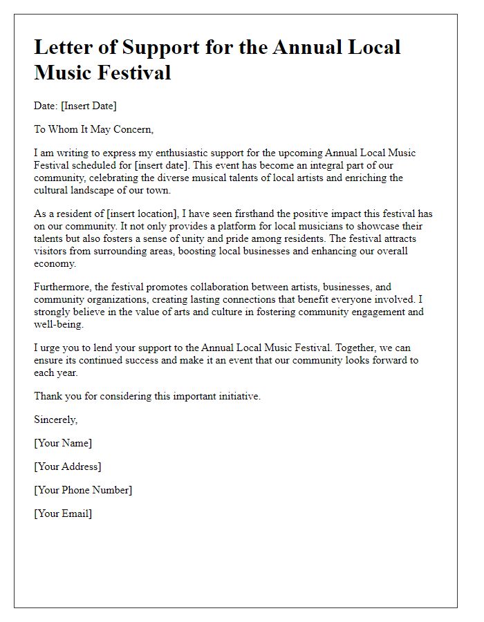 Letter template of support for local music festival