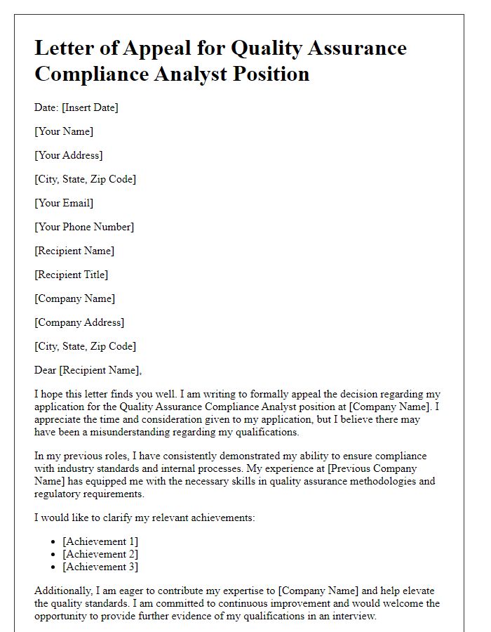 Letter template of appeal for quality assurance compliance analyst