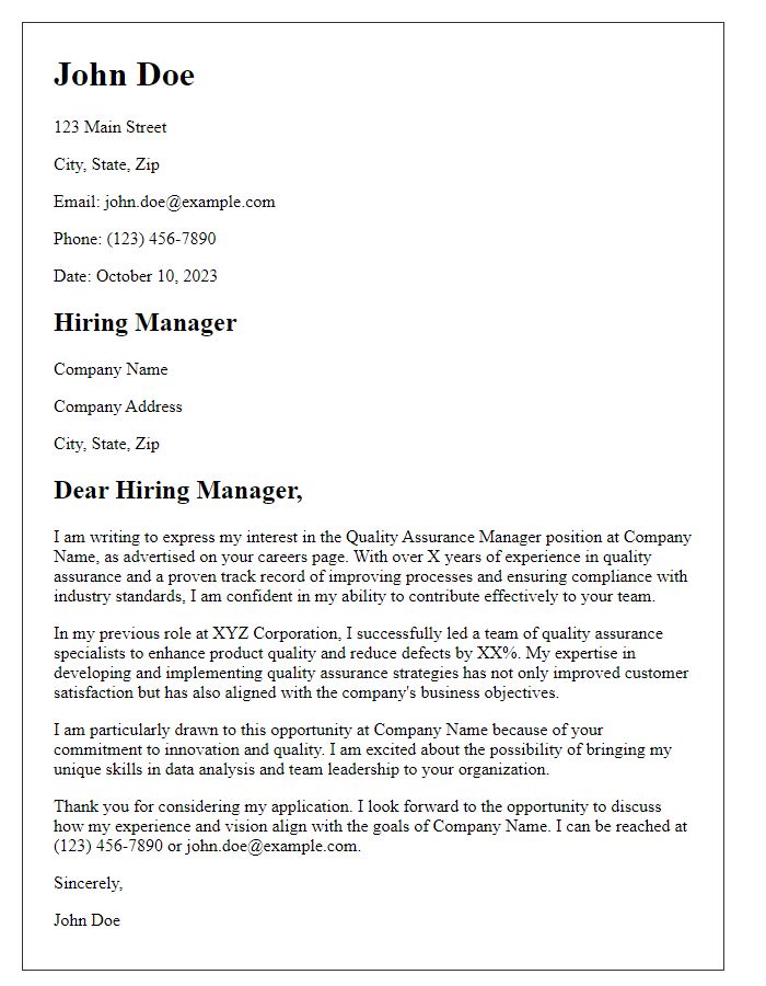 Letter template of interest in quality assurance manager position