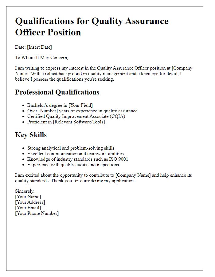 Letter template of qualifications for quality assurance officer position