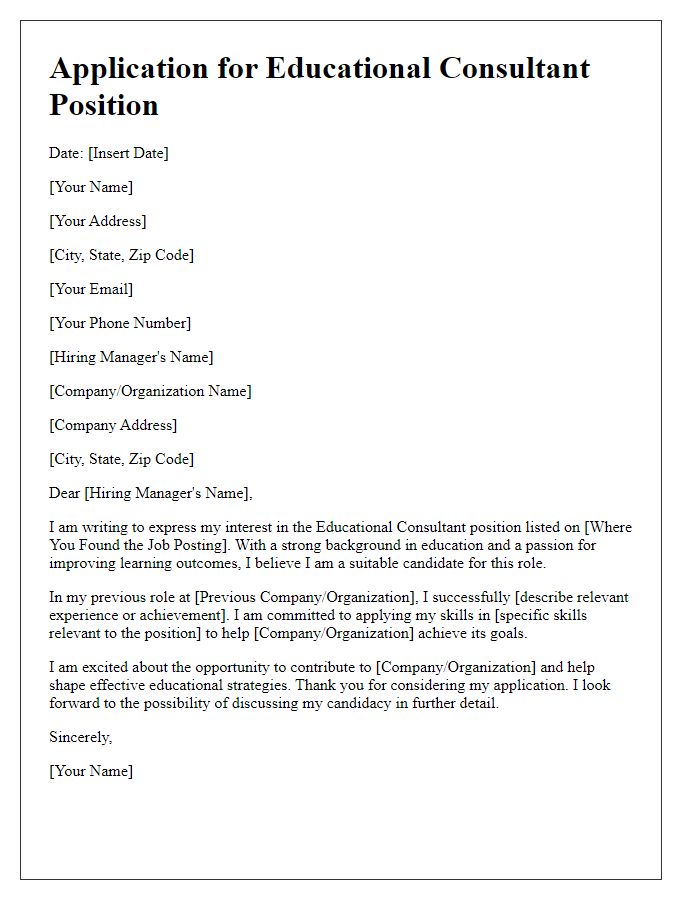 Letter template of application for educational consultant position