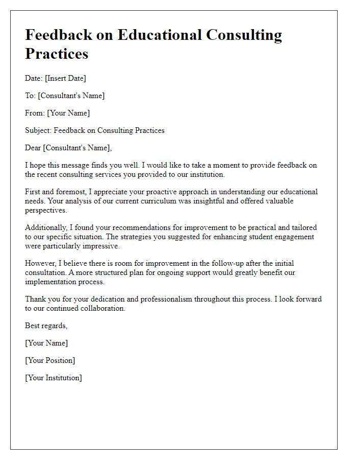 Letter template of feedback on educational consulting practices