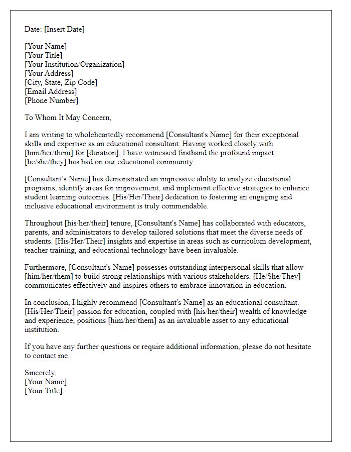 Letter template of recommendation for an educational consultant