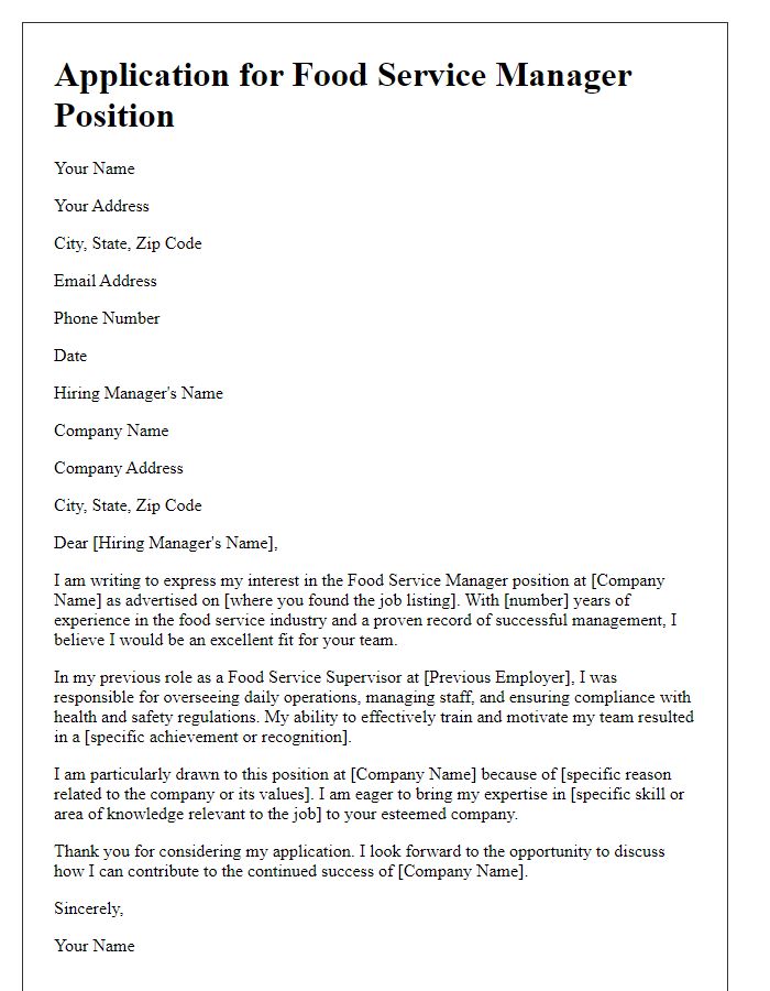 Letter template of application for a food service manager position