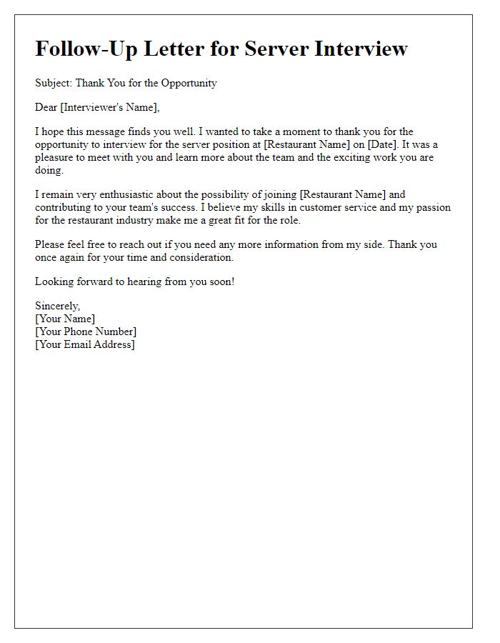 Letter template of follow-up for a server interview