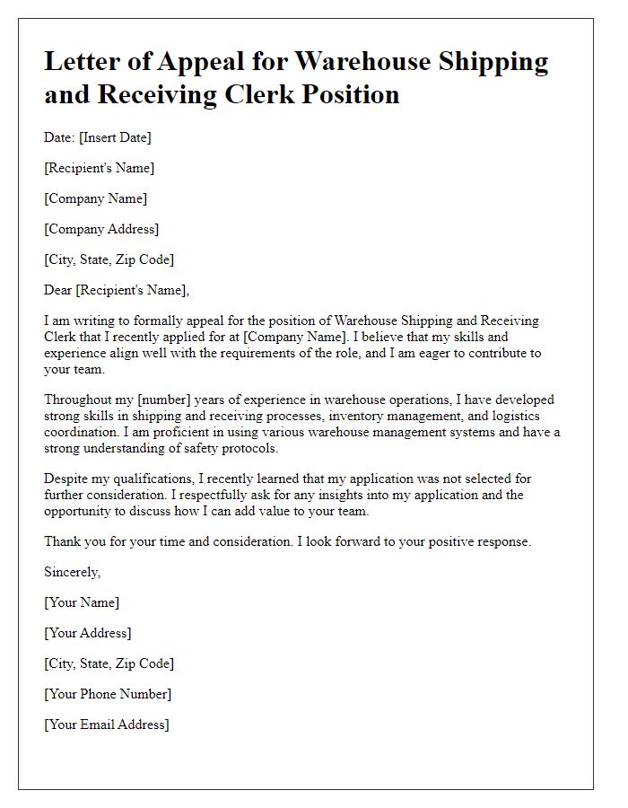 Letter template of appeal for warehouse shipping and receiving clerk.