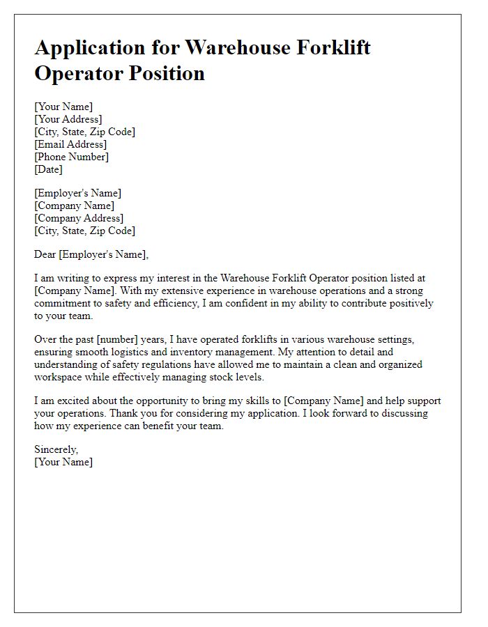 Letter template of expression for warehouse forklift operator role.