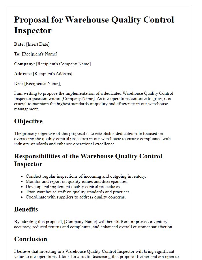 Letter template of proposal for warehouse quality control inspector.