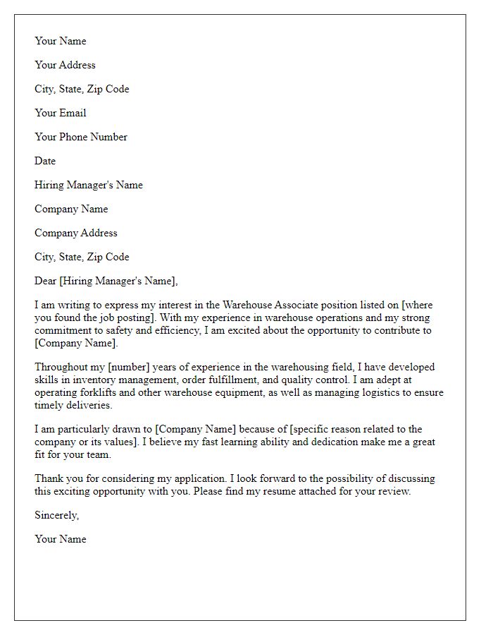 Letter template of request for warehouse associate job opening.