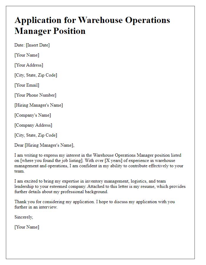 Letter template of submission for warehouse operations manager position.