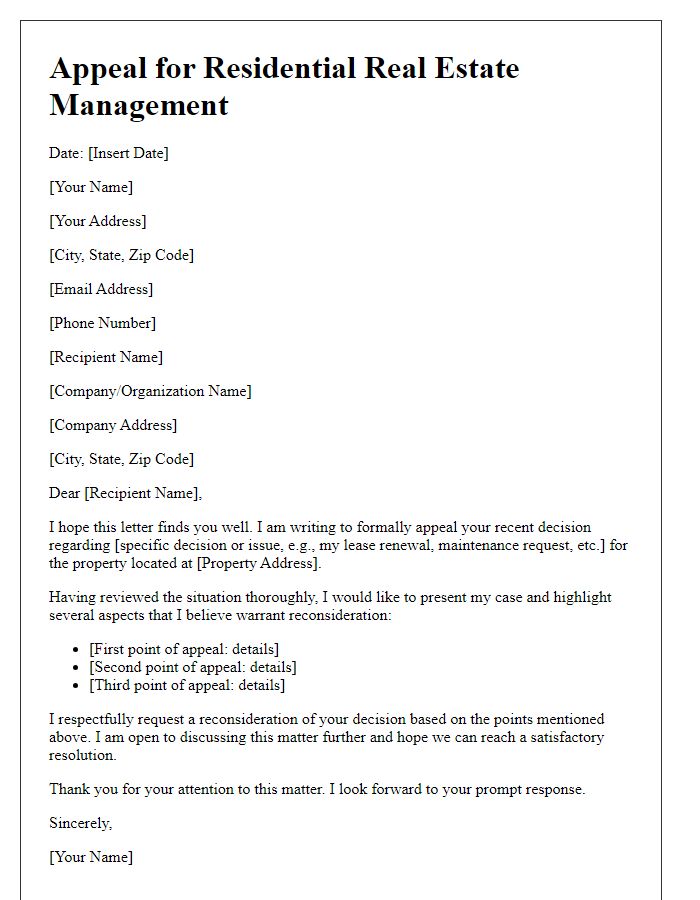 Letter template of appeal for residential real estate management