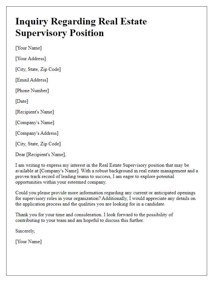 Letter template of inquiry for real estate supervisory position