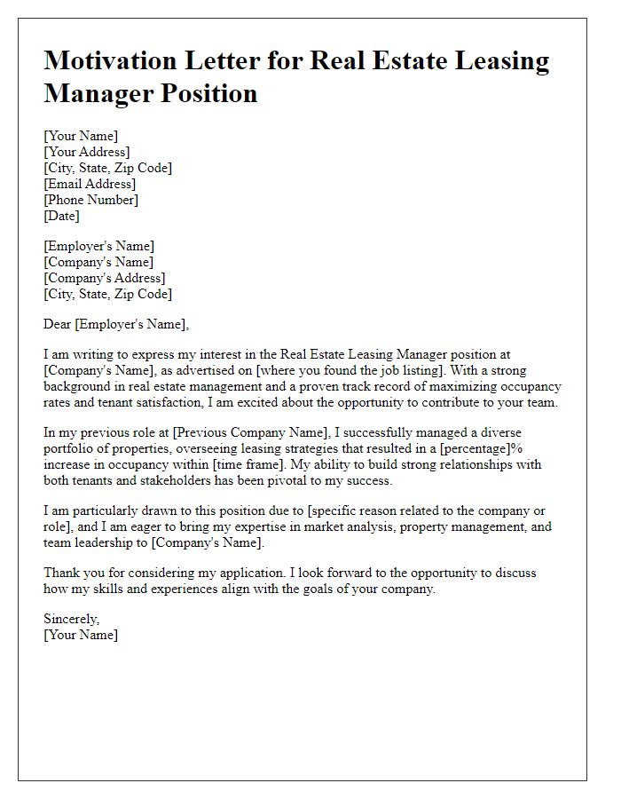 Letter template of motivation for real estate leasing manager role