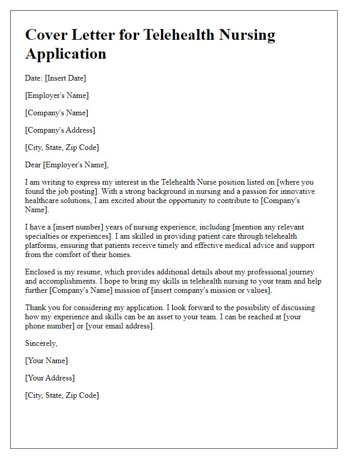 Letter template of resume submission for telehealth nursing applications