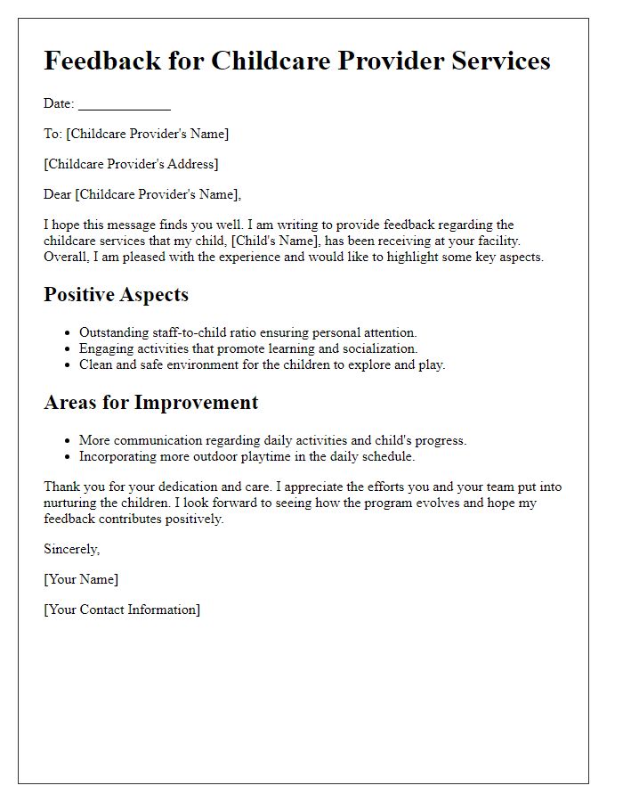 Letter template of feedback for childcare provider services