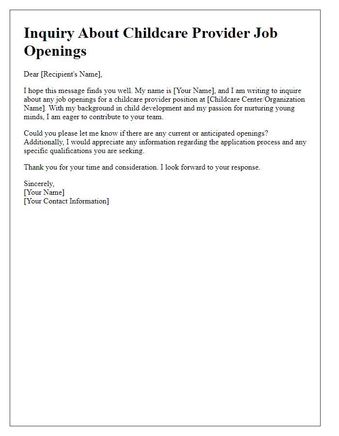 Letter template of inquiry about childcare provider job openings