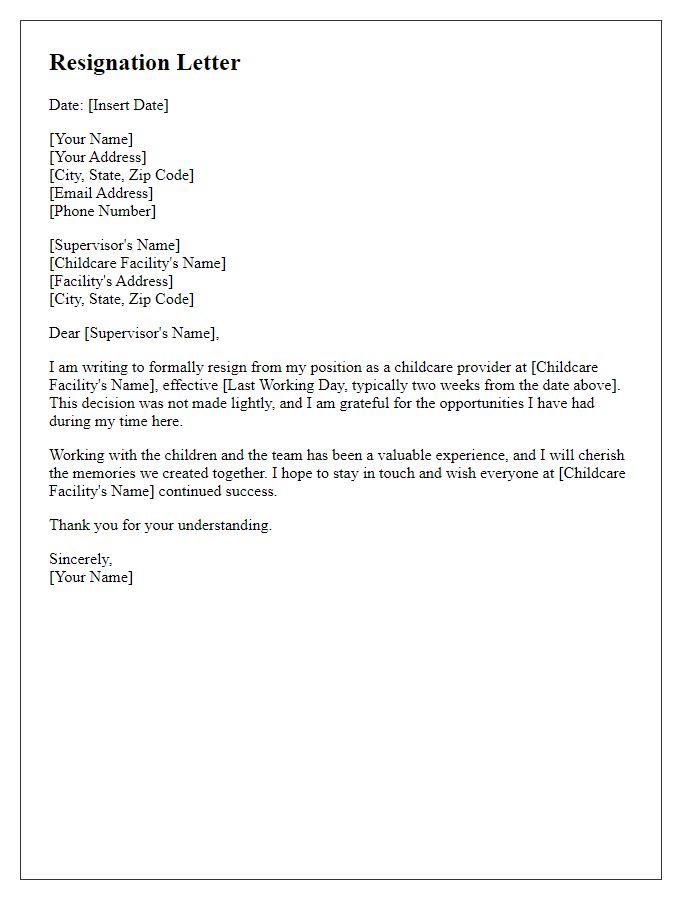 Letter template of resignation from childcare provider job