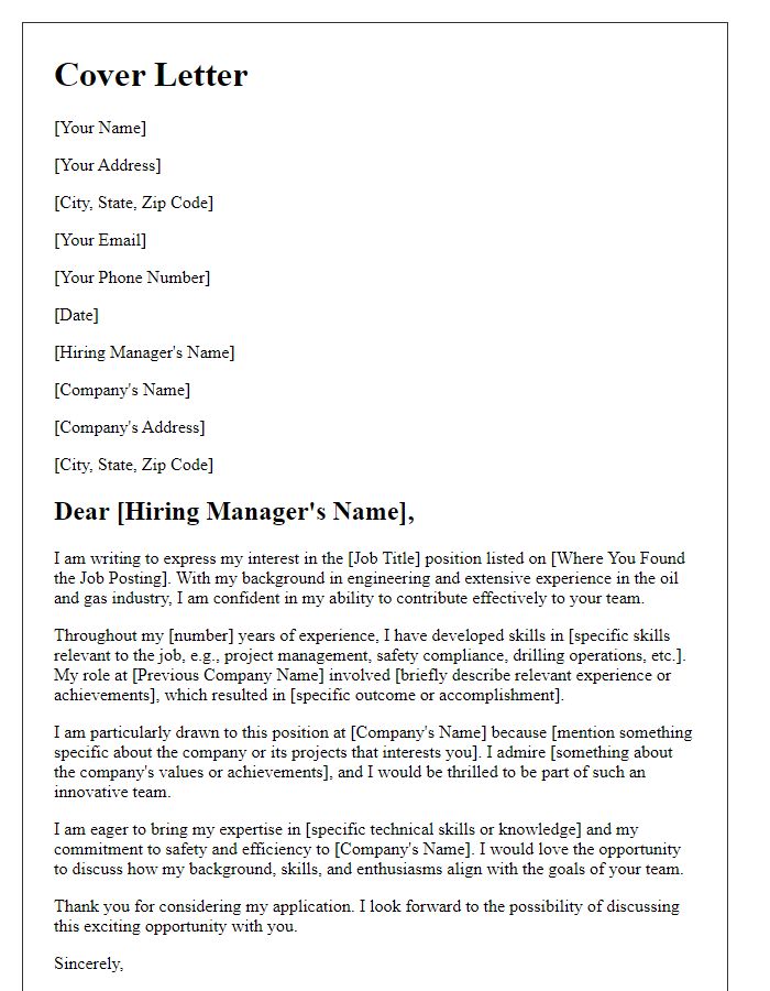 Letter template of cover letter for oil and gas job