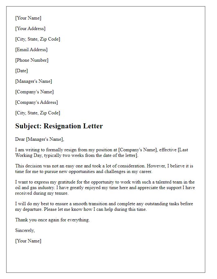 Letter template of resignation from oil and gas company