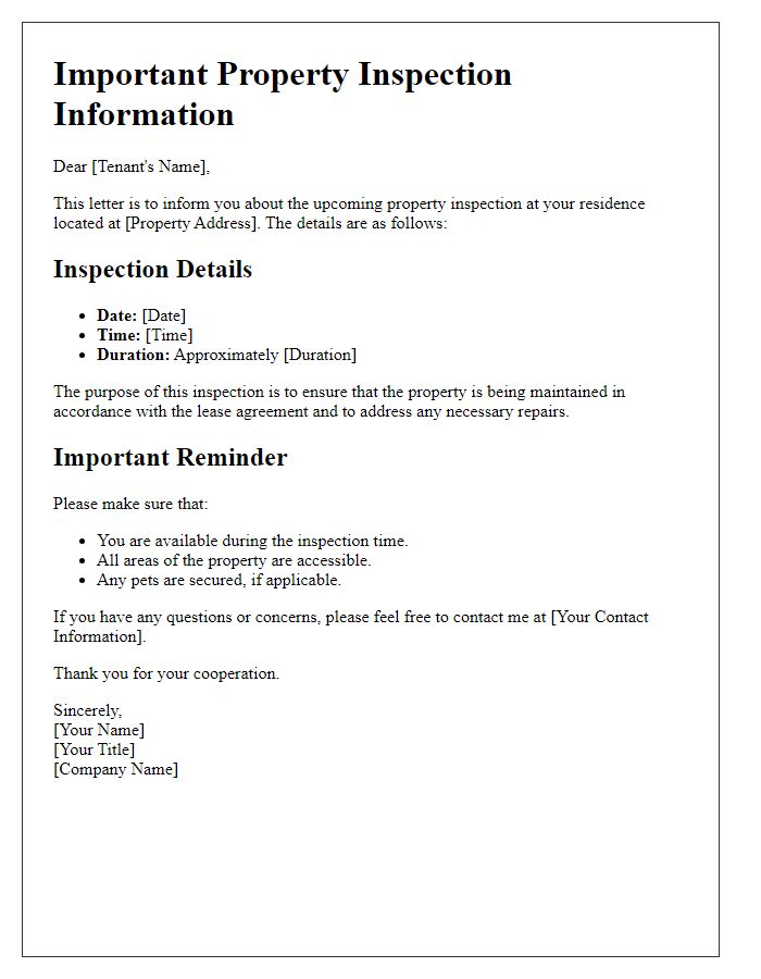 Letter template of essential property inspection information for tenants.