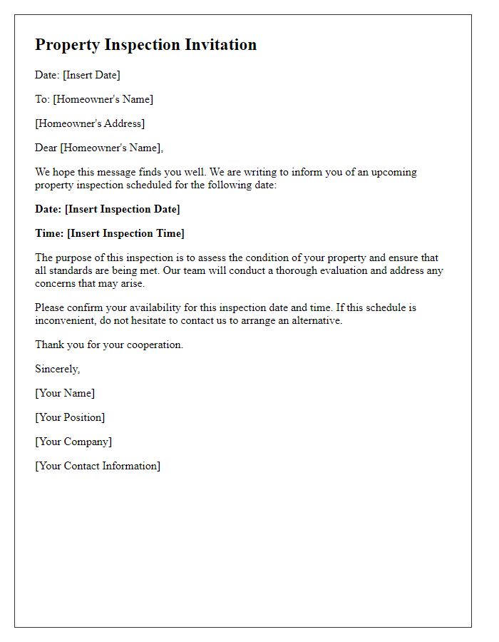 Letter template of formal property inspection invitation for homeowners.