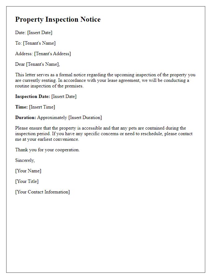 Letter template of property inspection notice for tenants.