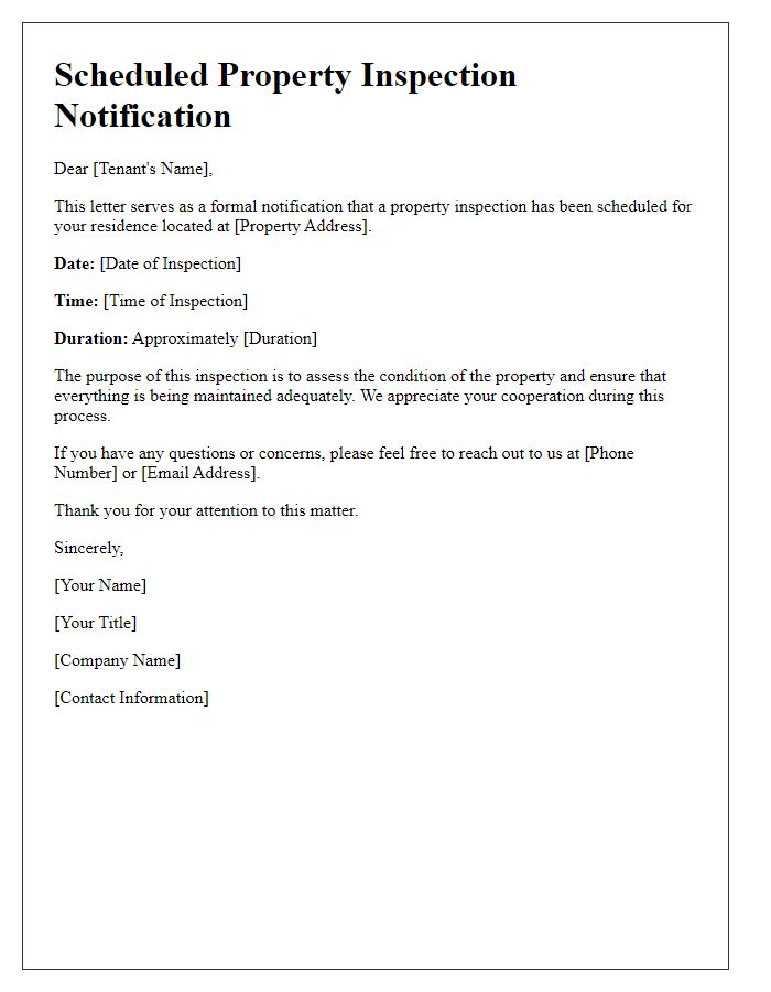 Letter template of scheduled property inspection for real estate agents.