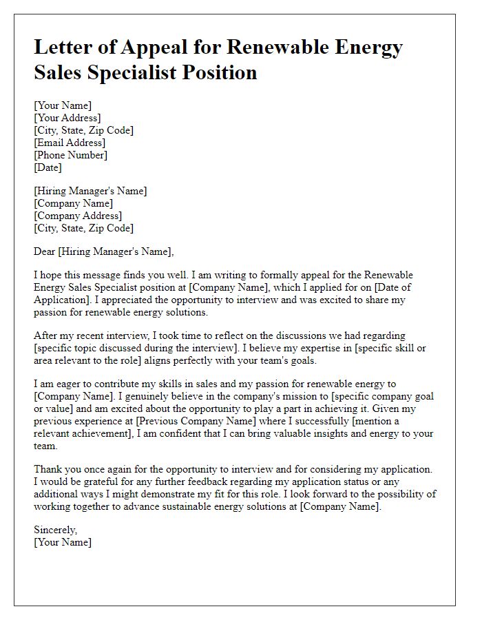 Letter template of appeal for renewable energy sales specialist role.