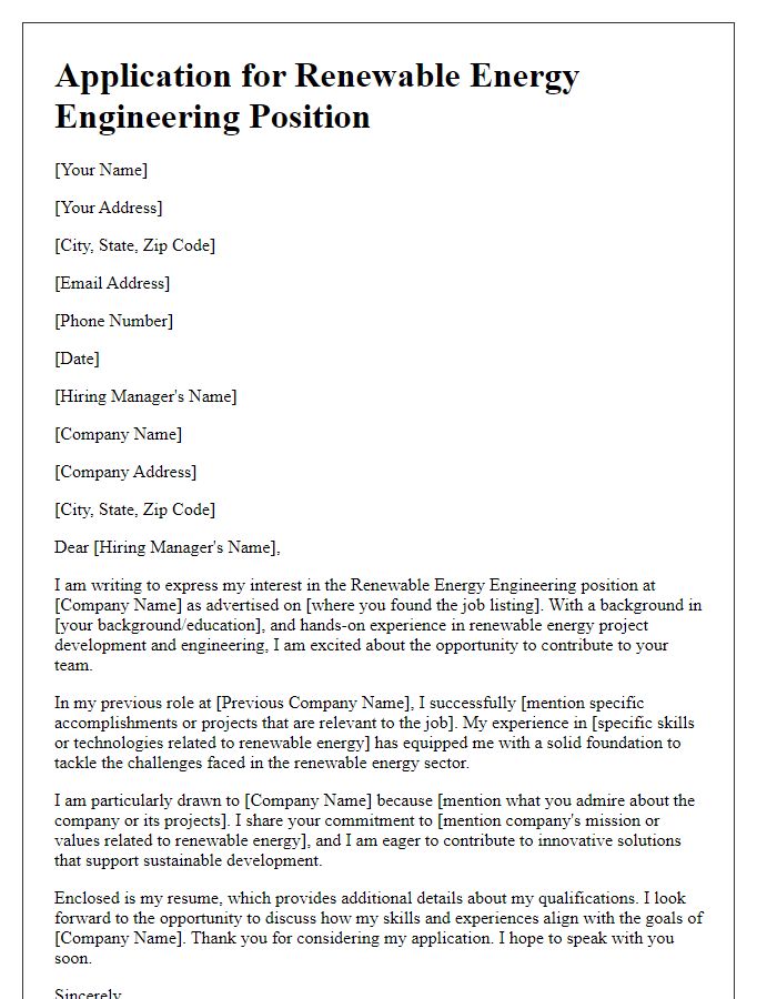 Letter template of application for renewable energy engineering position.