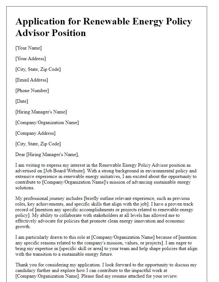 Letter template of expression for renewable energy policy advisor role.