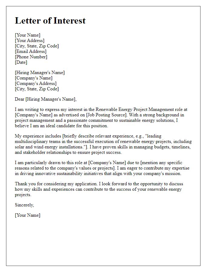 Letter template of interest in renewable energy project management role.