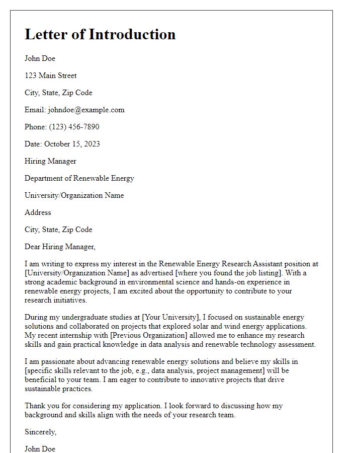 Letter template of introduction for renewable energy research assistant position.