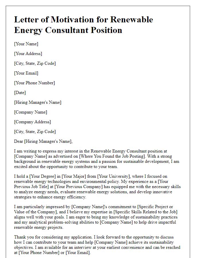 Letter template of motivation for renewable energy consultant job.