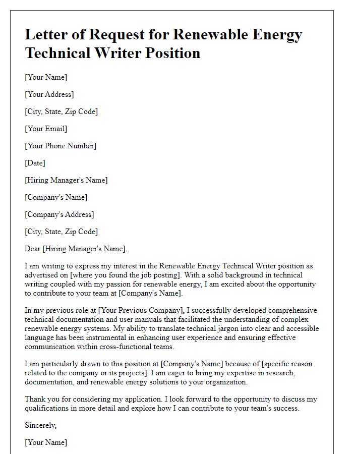 Letter template of request for renewable energy technical writer position.