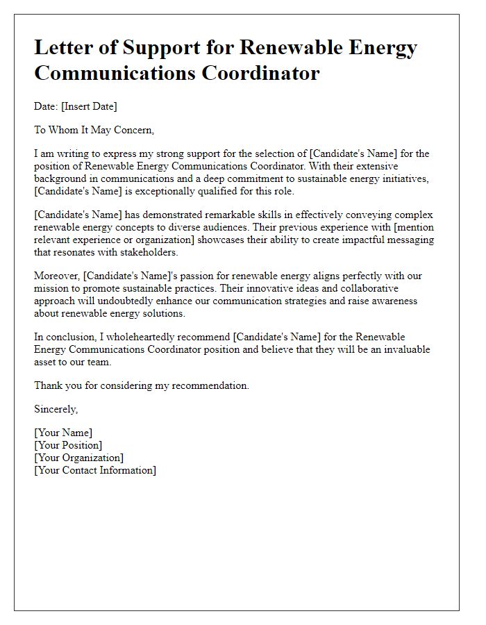 Letter template of support for renewable energy communications coordinator.