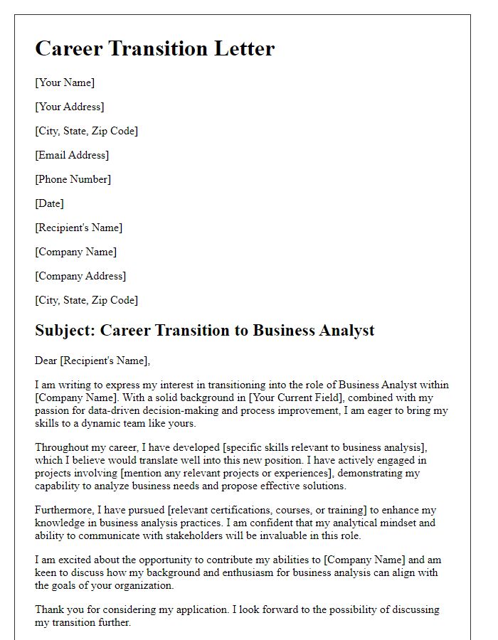 Letter template of business analyst career transition