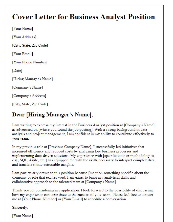 Letter template of business analyst cover letter