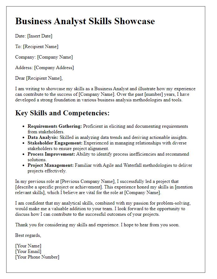 Letter template of business analyst skills showcase