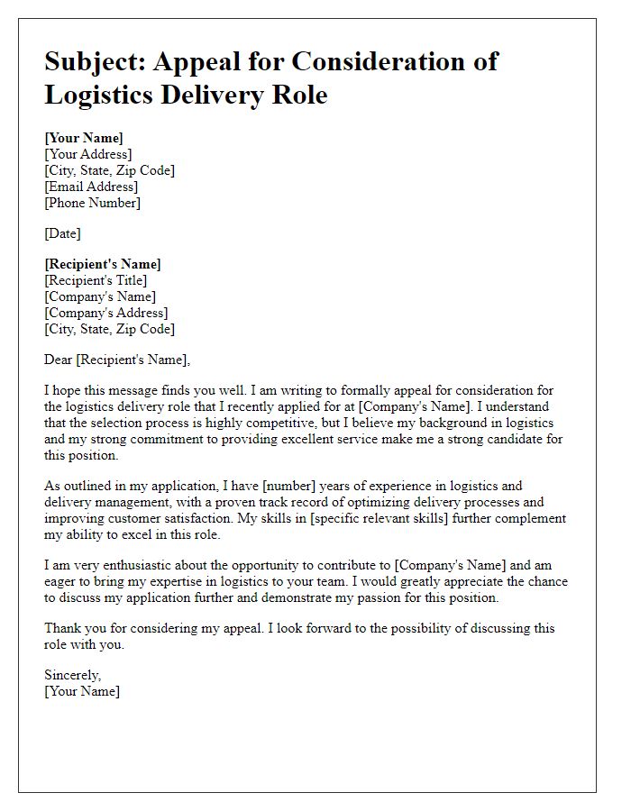 Letter template of appeal for logistics delivery role