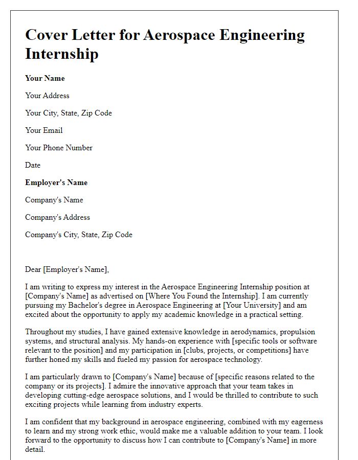 Letter template of cover letter for aerospace engineering internship