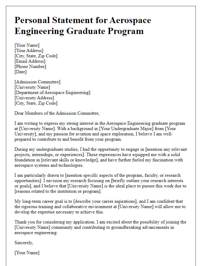 Letter template of personal statement for aerospace engineering graduate program