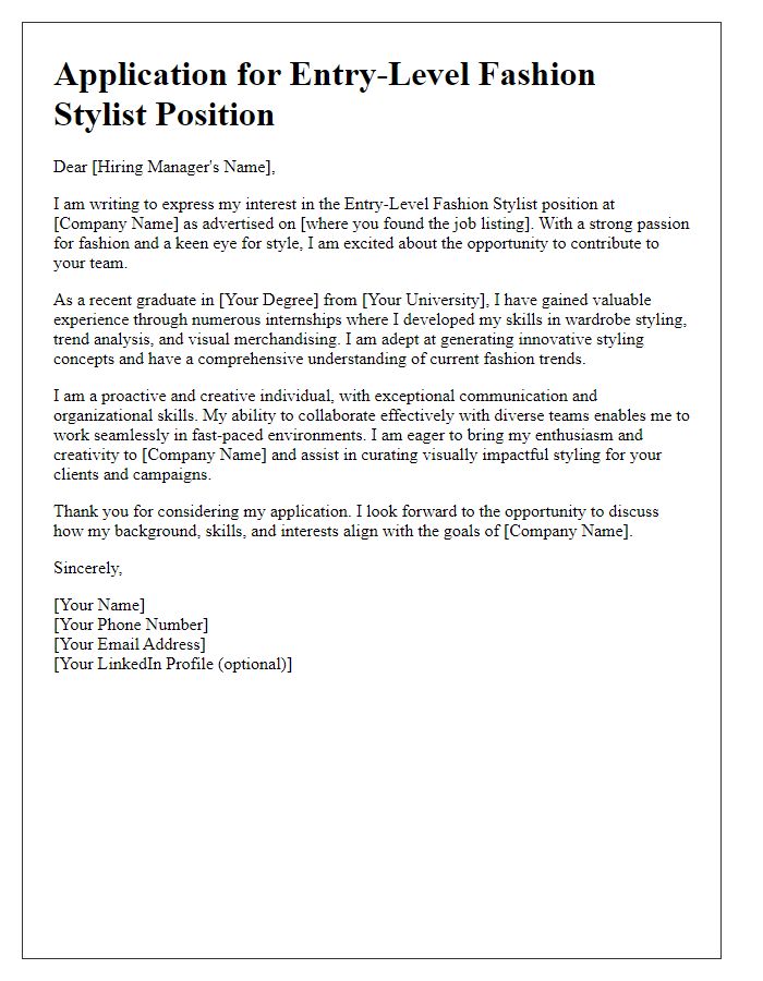 Letter template of fashion styling application for entry-level positions