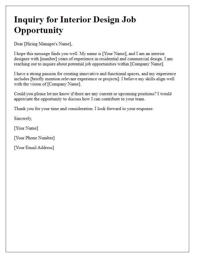 Letter template of inquiry for interior design job opportunity.