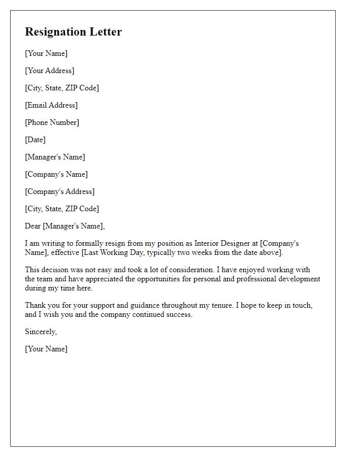 Letter template of resignation for interior design position.